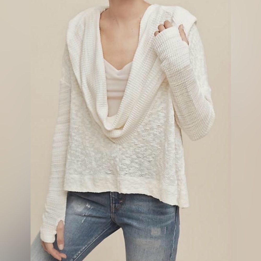 Anthro Saturday Sunday Cream Cowl Neck Sweater Hooded Coastal Boho Cozy knit
